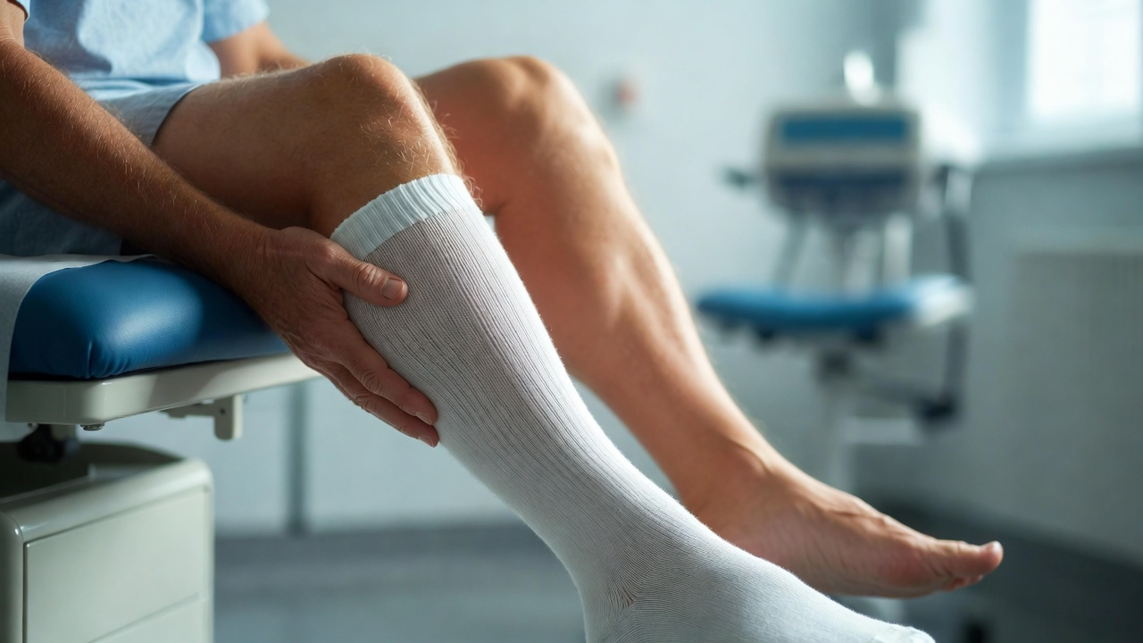 Close-up of a patient seated in a medical exam room with one knee-high compression sock, representing DVT warning signs and leg symptoms that may need evaluation.