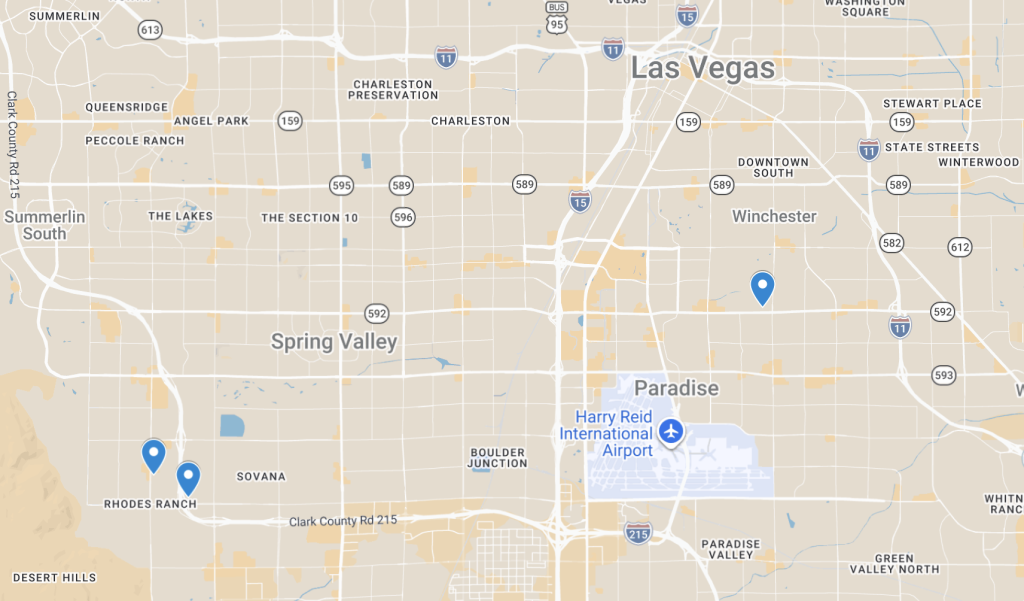 Map of Las Vegas area with three blue location markers: two in the Rhodes Ranch area to the west and a third marker southeast of central Las Vegas near Paradise, with Harry Reid International Airport labeled to the east.